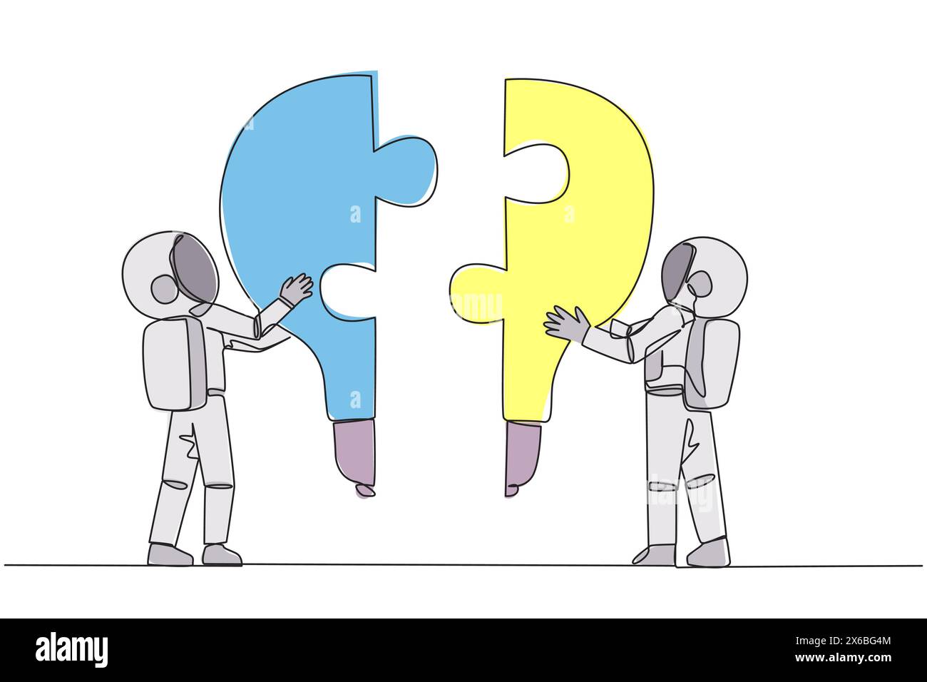 Eine durchgehende Linie, die zwei Astronauten mit zwei Glühbirnen-förmigen Puzzleteilen zeichnet. Metaphern heben und vereinen brillante Ideen. Tiefenraum t Stock Vektor
