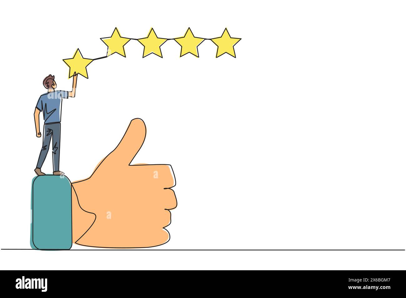 Einzelne durchgehende Linie, die jung zeichnet glücklich der Mann, der auf den Daumen nach oben steht, will die Sterne befestigen, um 5 Sterne hintereinander zu bilden. Geben Sie eine Bewertung oder eine gute Bewertung Stock Vektor