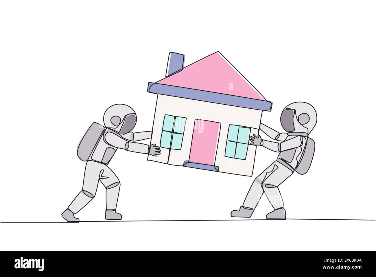 Eine einzige Linie, die zwei emotionale Astronauten zieht, die um ein Miniaturhaus kämpfen. Das Konzept, für ein luxuriöses Haus zu kämpfen, das sie wirklich wollen. Konkurrenz. C Stock Vektor
