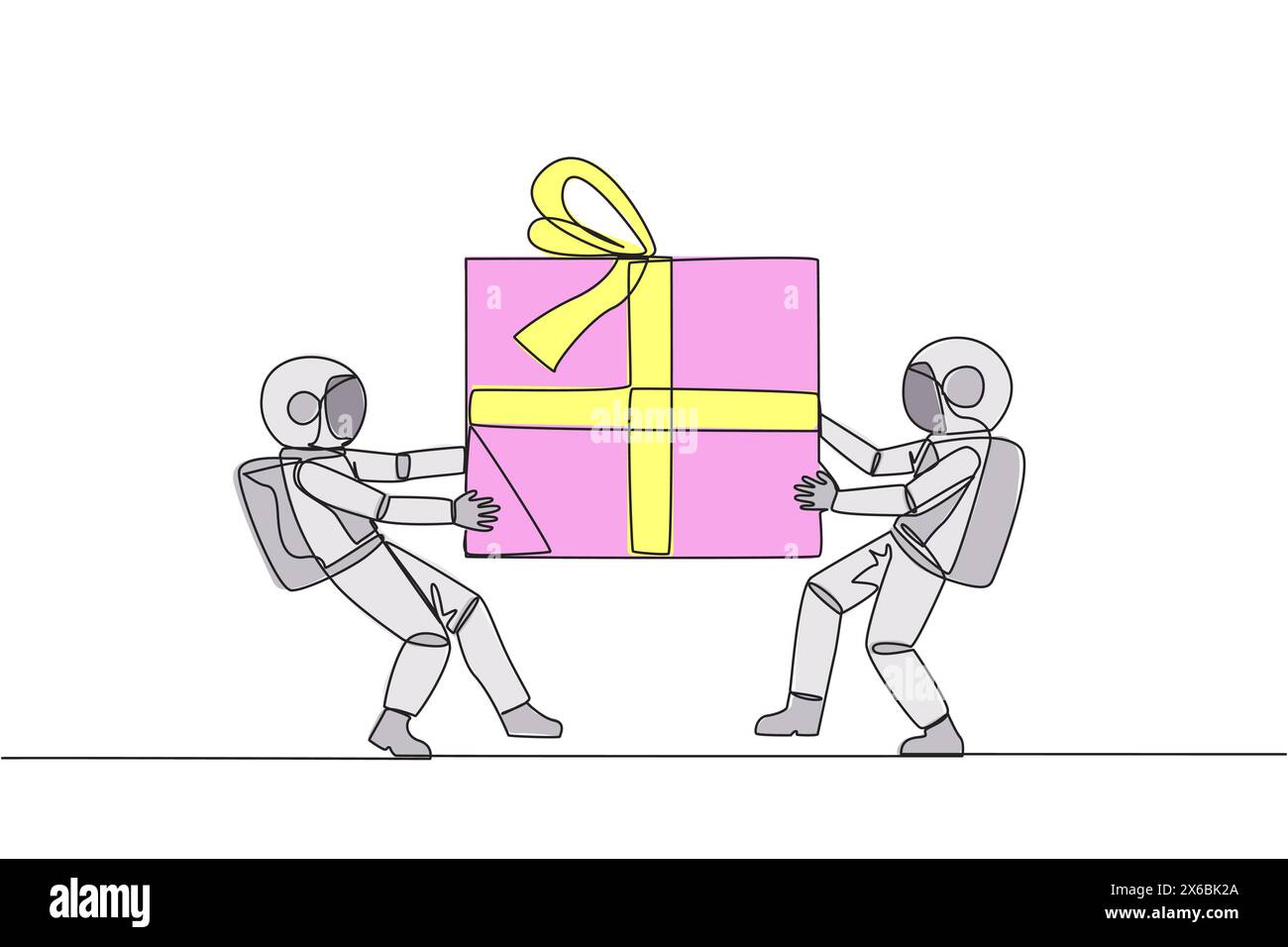 Eine durchgehende Linie, die zwei professionelle Astronauten zieht, die über die Geschenkbox kämpfen. Kosmonauten gegen Umweltverschmutzung kämpfen für die wichtigsten PR Stock Vektor