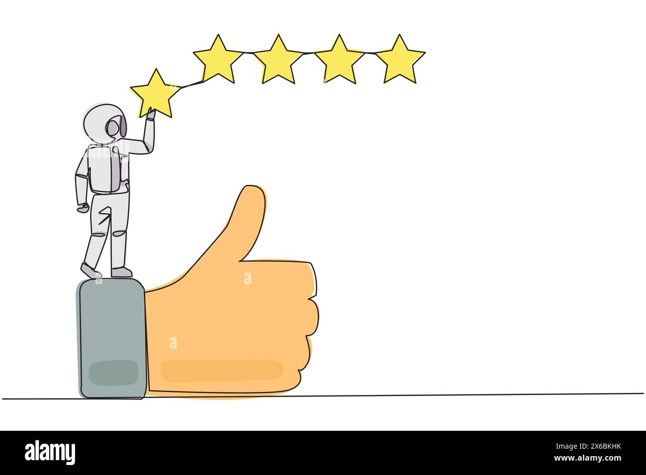 Eine einzelne Linie zeichnet Astronaut, der auf den Daumen nach oben steht, will die Sterne befestigen, um fünf Sterne in Folge zu bilden. Geben Sie eine Bewertung oder ein gutes Feedback. Kosmonaut Stock Vektor