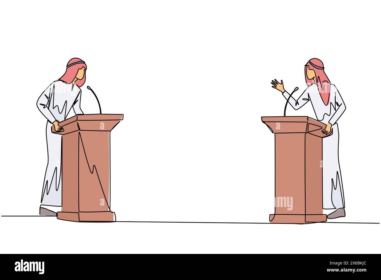 Eine Zeile, die zwei arabische Geschäftsleute auf dem Podium streitet. Meinungen über den besten Weg zur Bekämpfung der globalen Erwärmung abzugeben. Öffnen Sie den Dialog. Debat Stock Vektor