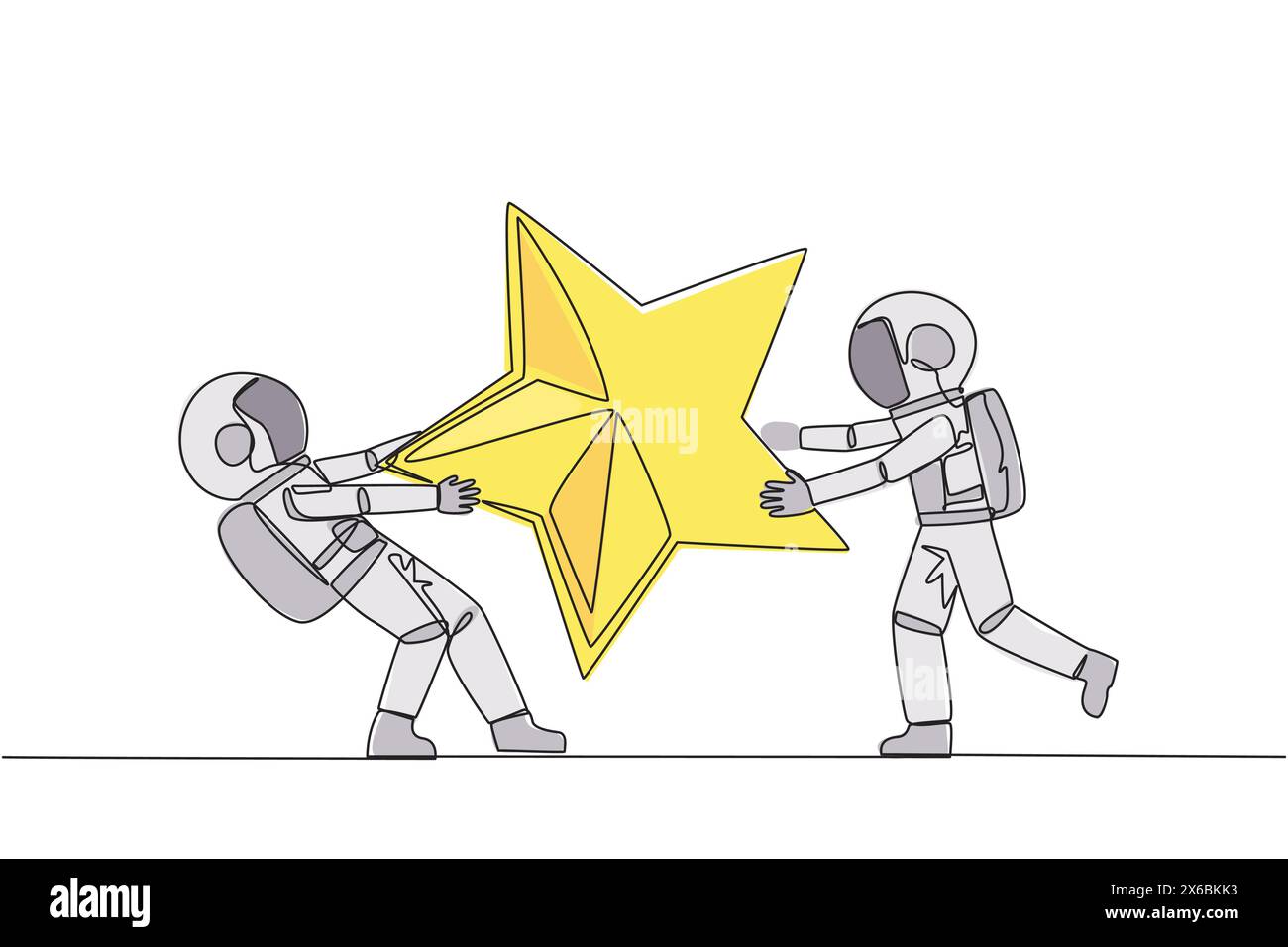 Eine Linie, die zwei wütende Astronauten zieht, die um den Stern kämpfen. Das Konzept, für brillante Mitarbeiter für den Fortschritt des Unternehmens zu kämpfen. S Stock Vektor