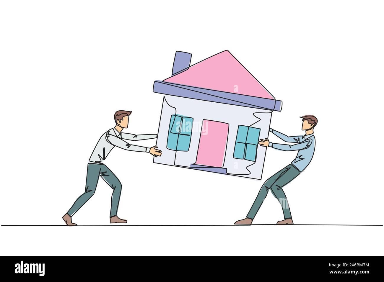 Durchgehende Linie, die zwei emotionale Geschäftsleute zieht, die um ein Miniaturhaus kämpfen. Das Konzept, für ein luxuriöses Haus zu kämpfen, das sie wirklich wollen Stock Vektor