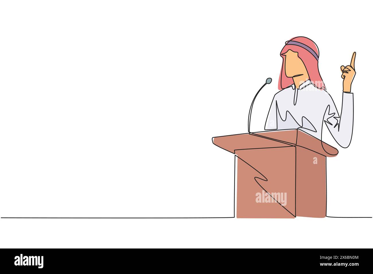 Eine einzige Zeile zeichnet einen arabischen Geschäftsmann, der auf dem Podium spricht, während er eine Geste gibt, einen Finger nach oben zu heben. Inspirierende Rede. Konferenzstatus Stock Vektor