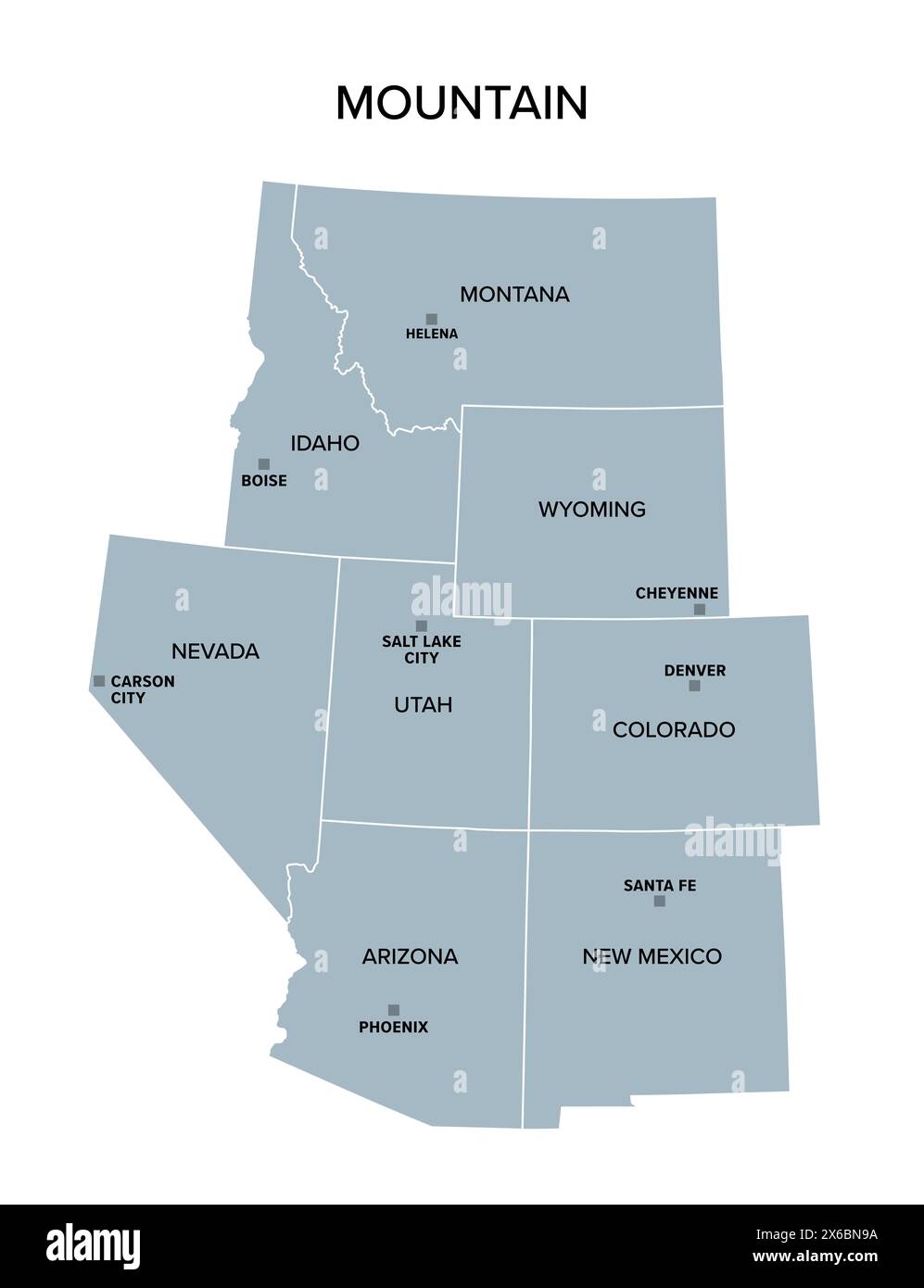 bergstaaten, graue politische Karte. United States Census Division of the West Region. Stockfoto