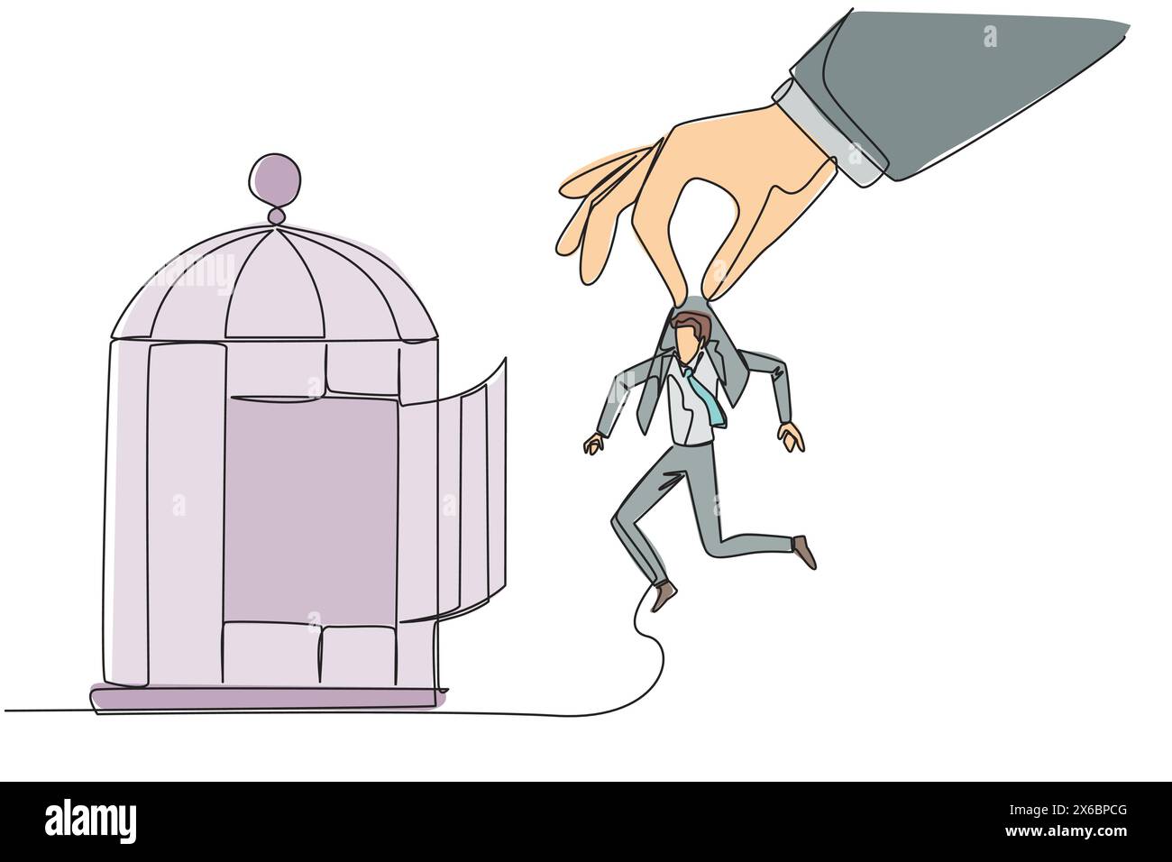 Eine einzige Linie zeichnet große Hände, die Geschäftsmann halten und in einen Käfig stecken wollen. Grobes Trapping. Einen Geschäftsgegner durch Betrug schlagen. Unfairer Geschäftsverkehr Stock Vektor