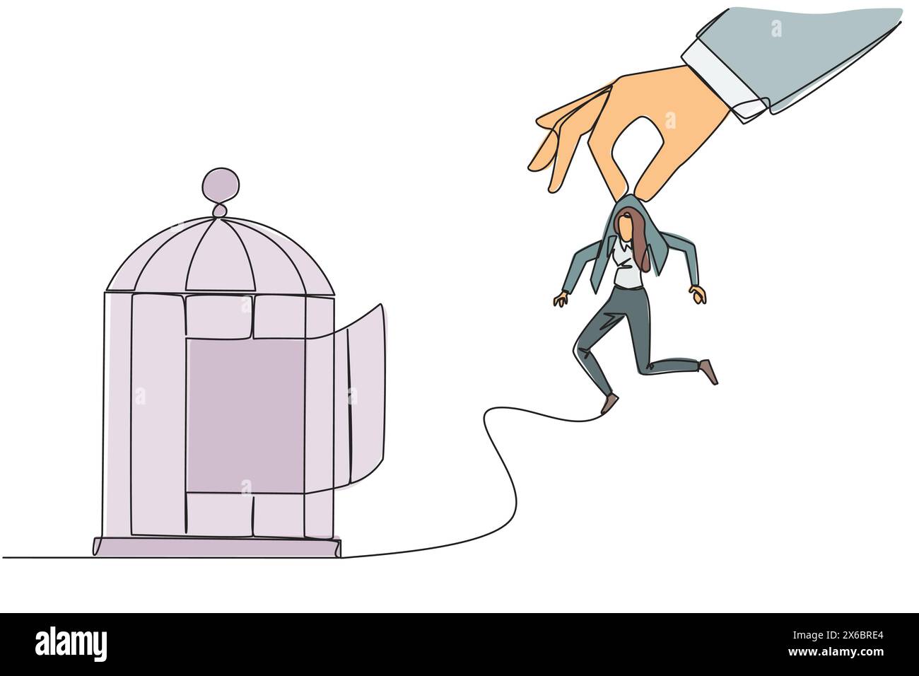 Eine durchgehende Linie, die große Hände zieht, die Geschäftsfrau hält und in einen Käfig gesteckt werden will. Grobes Trapping. Einen Geschäftsgegner durch Betrug schlagen. Unfa Stock Vektor