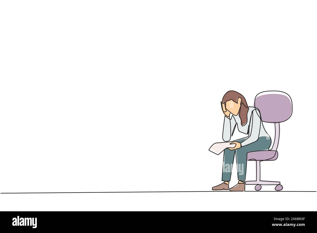 Einzelne durchgehende Linienzeichnung eine traurige Geschäftsfrau sitzt schlaff auf einem Stuhl. Nachdenklich ein Stück Schatzpapier halten. Die großen Forderungen, die Unternehmen haben Stock Vektor
