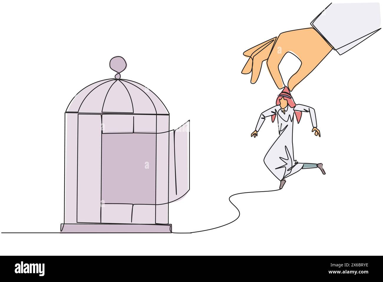 Eine durchgehende Linie, die große Hand hält, die arabischen Geschäftsmann hält und in einen Käfig gesteckt werden will. Grobes Trapping. Einen Geschäftsgegner durch Betrug schlagen. Un Stock Vektor