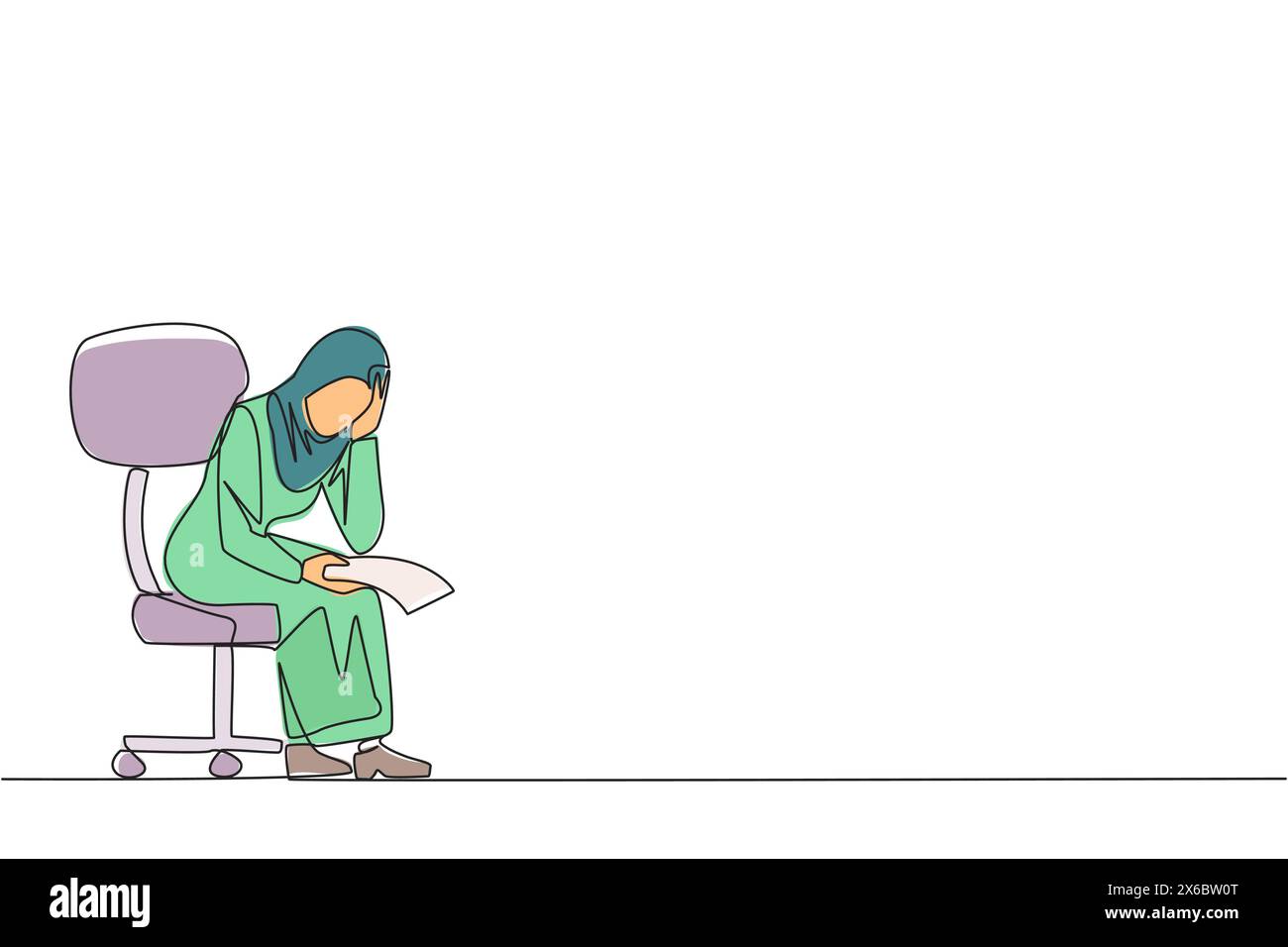 Einzelne durchgehende Linienzeichnung traurige arabische Geschäftsfrau sitzt schlaff im Stuhl. Nachdenklich halten Sie ein Stück Scheckpapier. Der große Teil der Forderungen, Geschäft W Stock Vektor