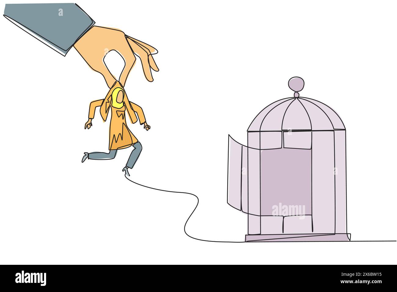 Eine durchgehende Linie, die große Hand hält, die arabische Geschäftsfrau hält und in einen Käfig gesteckt werden will. Grobes Trapping. Den Geschäftsgegner durch Betrug schlagen. Un Stock Vektor