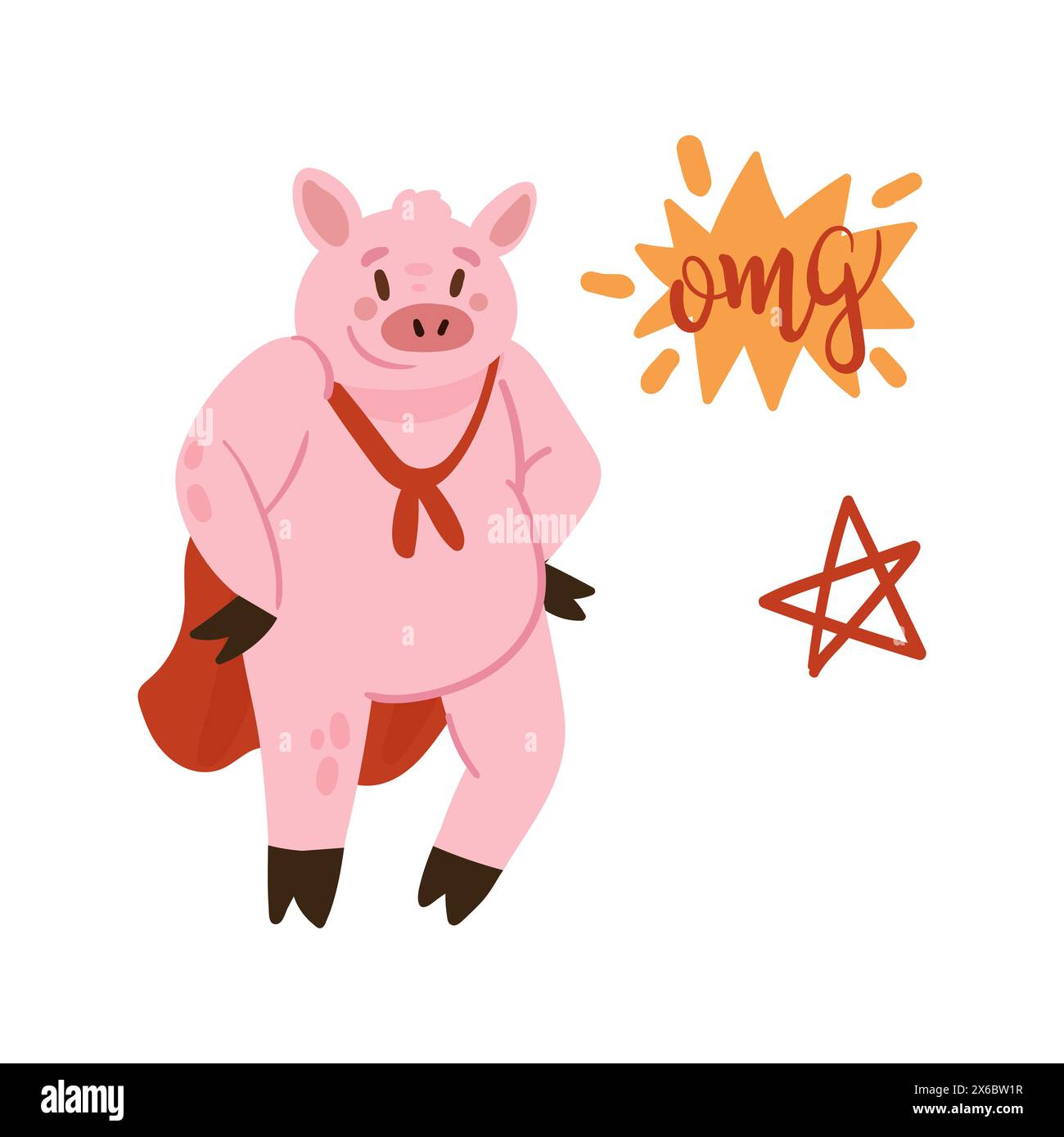 Niedliches rosa Schwein im superheldencape, das in selbstbewusster tapferer Pose Vektor-Illustration steht Stock Vektor