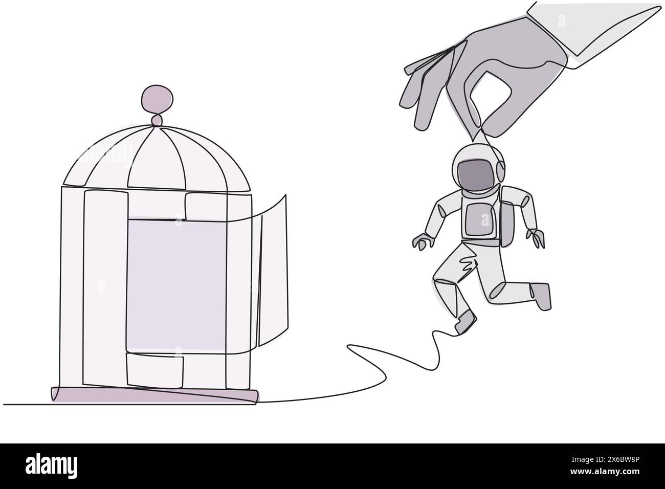 Eine durchgehende Linie zieht große Hände, die den Astronauten halten und in einen Käfig stecken wollen. Grobes Trapping. Einen Geschäftsgegner durch Betrug schlagen. Unfair b Stock Vektor