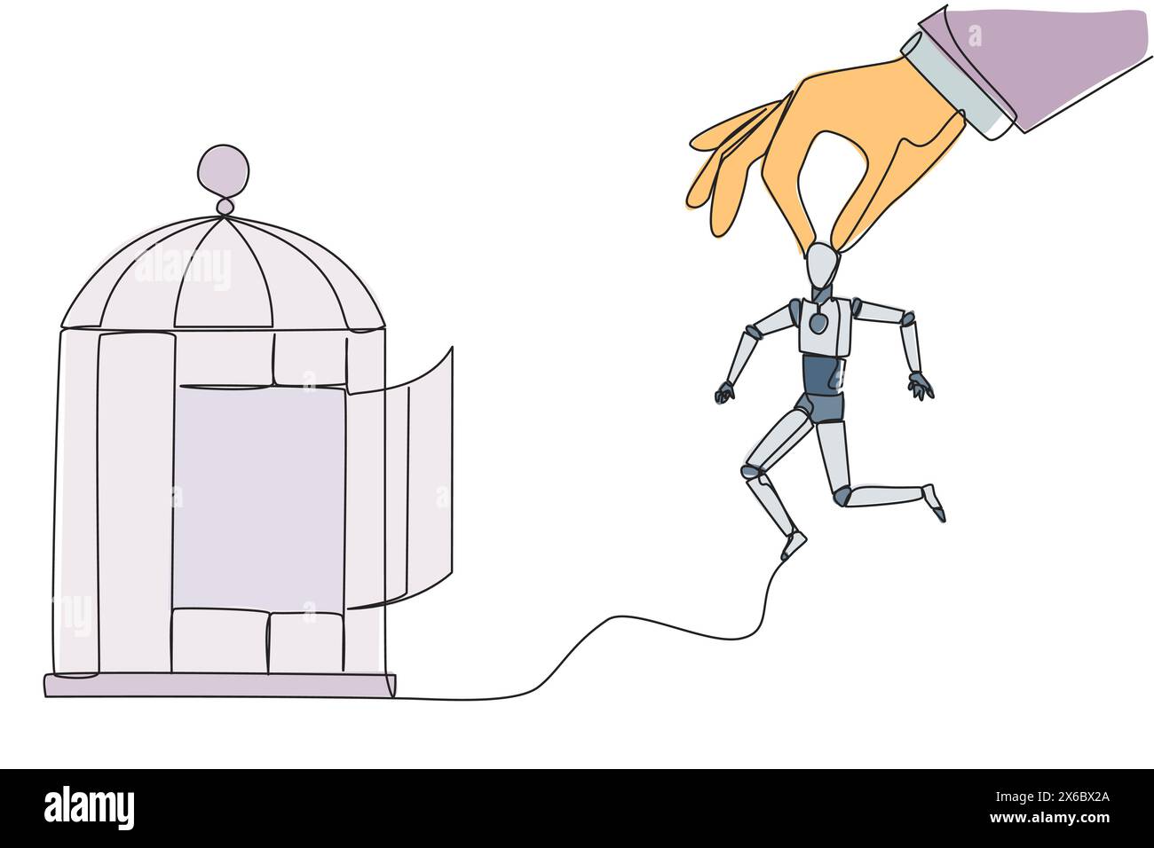 Durchgehende, einzeilige Zeichnung großer Hände, die den Roboter halten und in einen Käfig legen möchten. Grobes Trapping. Einen Geschäftsgegner durch Betrug schlagen. Unlautere Geschäfte Stock Vektor