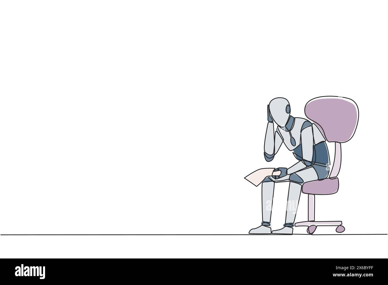Einzelne durchgehende Linienzeichnung trauriger Roboter sitzt schlaff in einem Stuhl. Nachdenklich halten Sie ein Stück Scheckpapier. Die großen Forderungen, das Geschäft wird sich zusammensetzen Stock Vektor