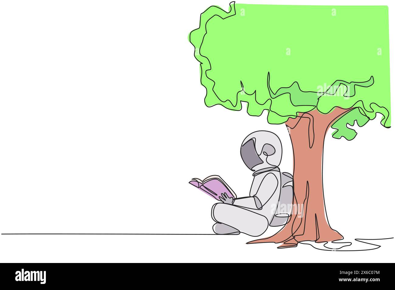 Astronaut mit einer durchgehenden Linie, der unter einem schattenspendenden Baum ein Buch liest. Fortsetzung des zweiten Bands des fiktiven Geschichtenbuches. Viel Spaß beim Lesen. Buh Stock Vektor