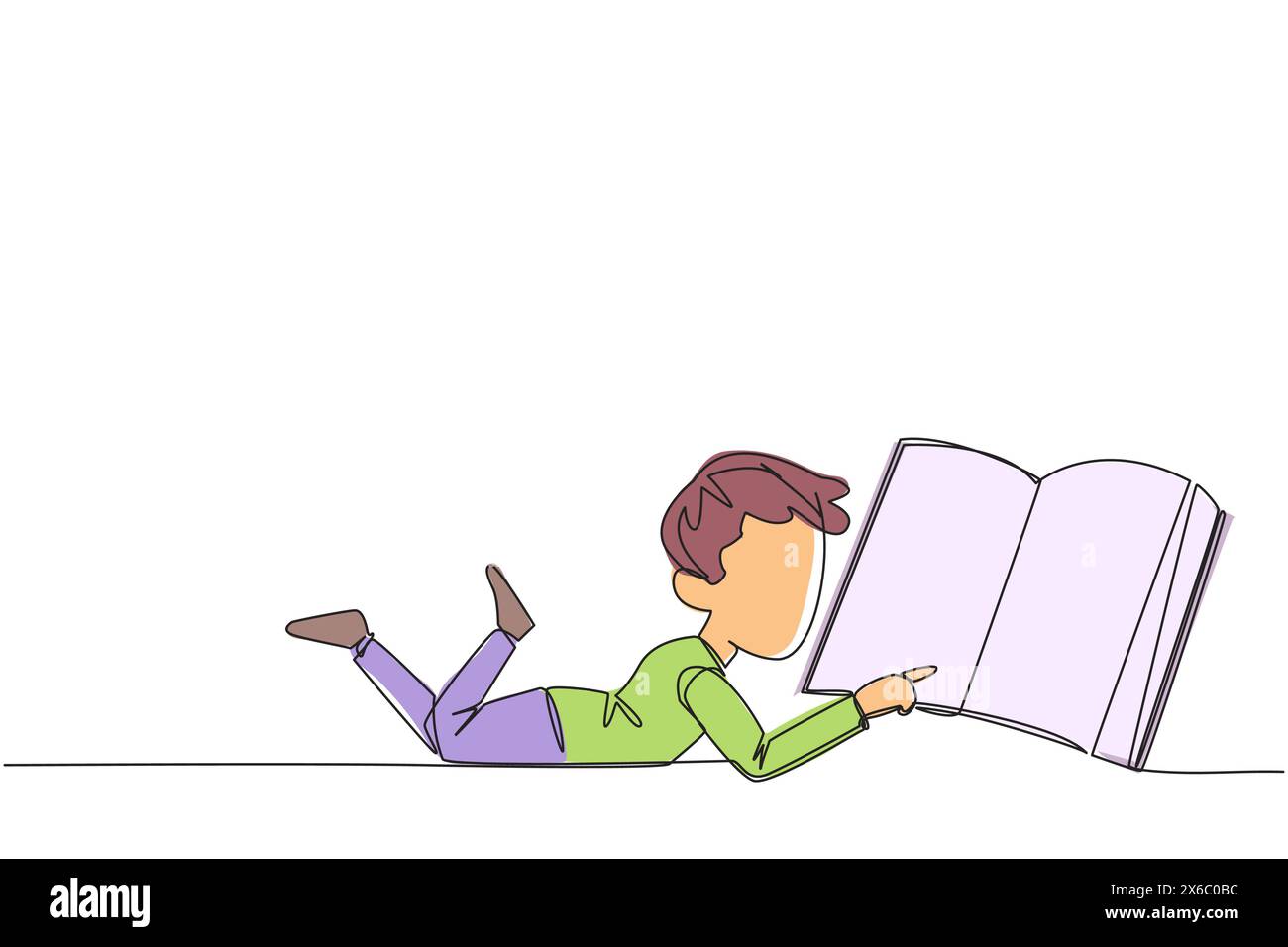 Ein einziger Zeichnungsjunge, der auf dem Bauch liegt und ein großes Buch liest. Lesen Sie Bücher in verschiedenen Stilen. Lesen erhöht die Einsicht. Liebe Readi Stock Vektor