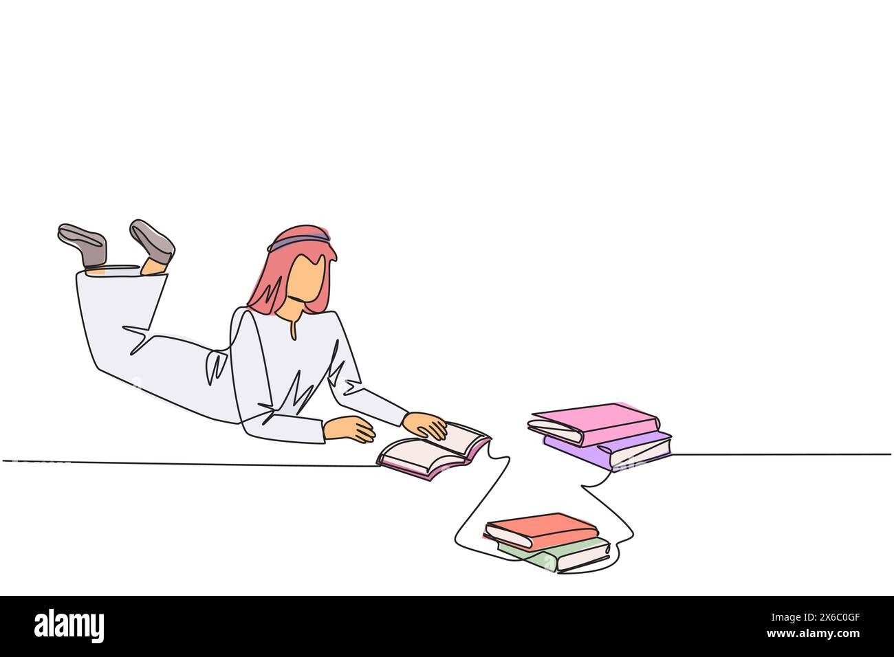 Durchgehende einzeilige Zeichnung Arabischer Mann liest sehr gerne. Jeden Tag wird ein Buch gelesen. Gute Angewohnheit. Es gibt keinen Tag ohne Buch zu lesen. Buchfestlichkeit Stock Vektor