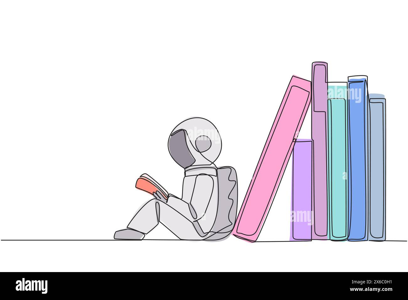 Eine durchgehende Linienzeichnung des Astronauten, der sich an einem Bücherstapel lehnt. Die Gewohnheit, jeden Tag Bücher zu lesen. Bibliothek. Gute Angewohnheit. Buchen Sie fes Stock Vektor