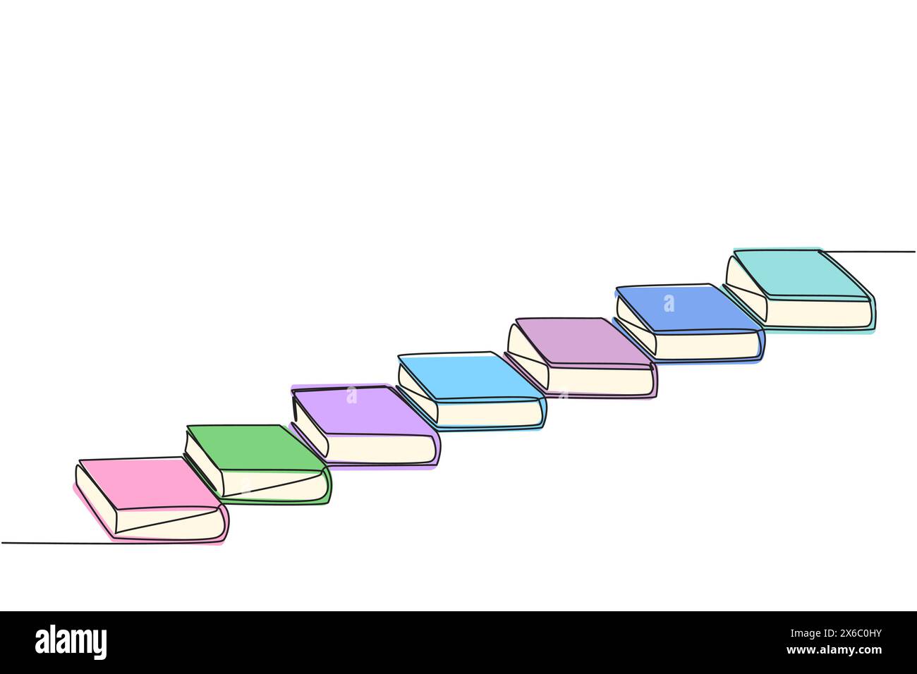 Einzelne einzeilige Zeichenbücher, die als Treppen dienen. Die Metapher eines Buches kann die Ebene der Person, die es liest, erhöhen. Buchen Sie das Festival Outer Spa Stock Vektor