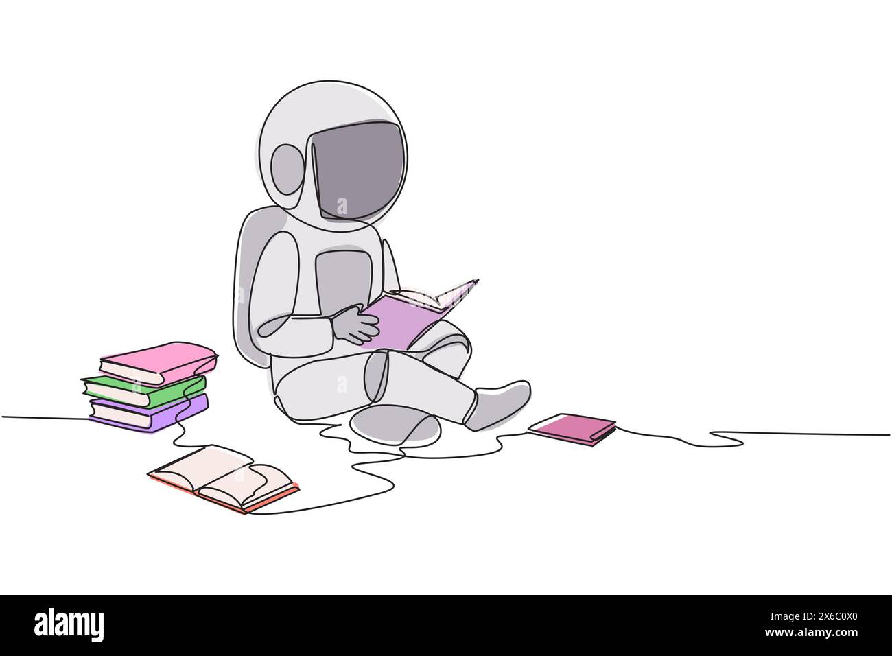Astronaut sitzt in der Bibliothek und liest viele Bücher. Suche nach Antworten auf Aufgaben. Hobbylesen. Buchfestlichkeit Stock Vektor