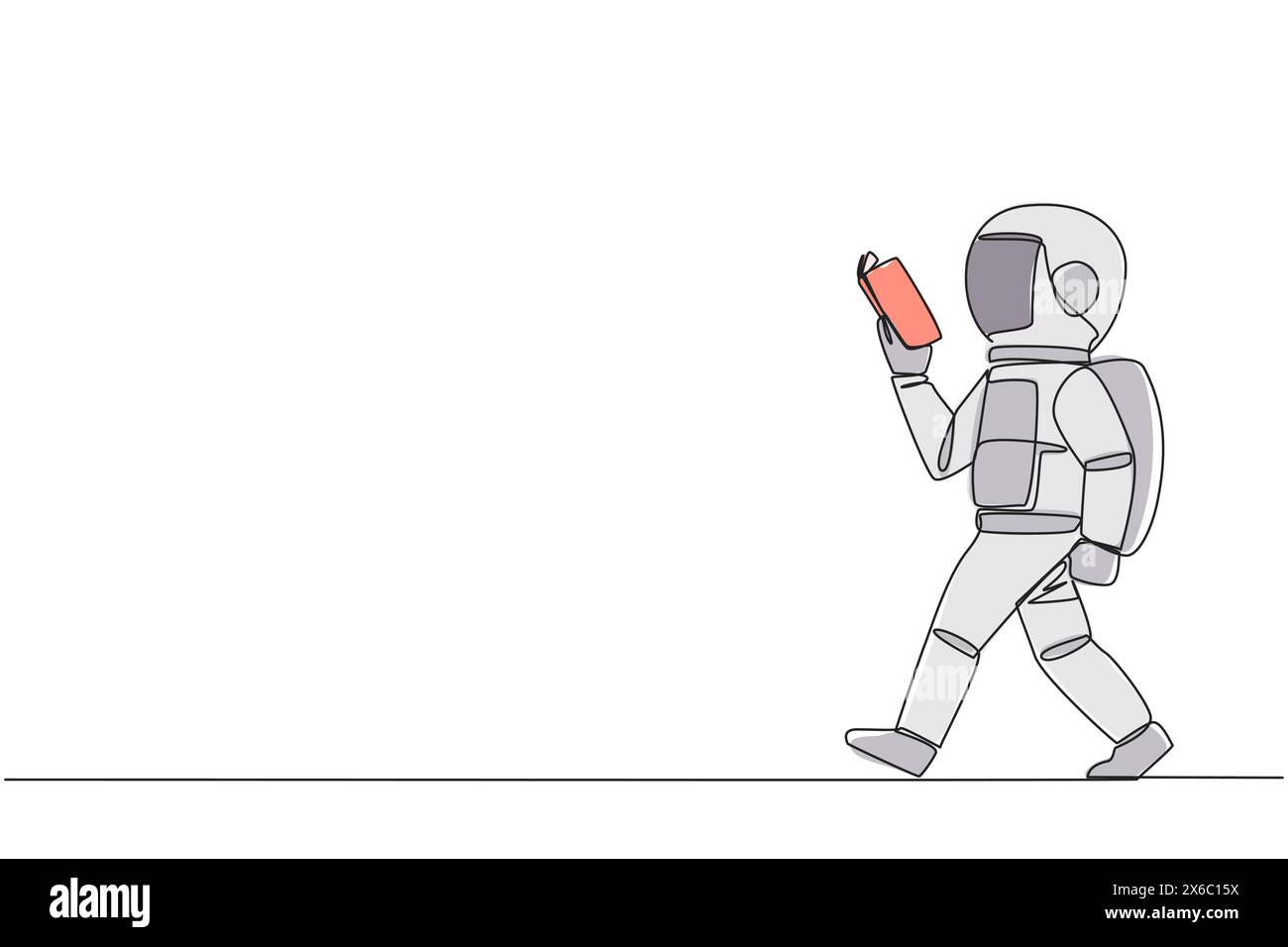 Durchgehend eine Linie zeichnender Astronaut, der nach links geht und Buch liest. Geste, etwas aus dem Buch auswendig zu lernen. Lesen Sie überall. Abhängiges Lesen. Bo Stock Vektor