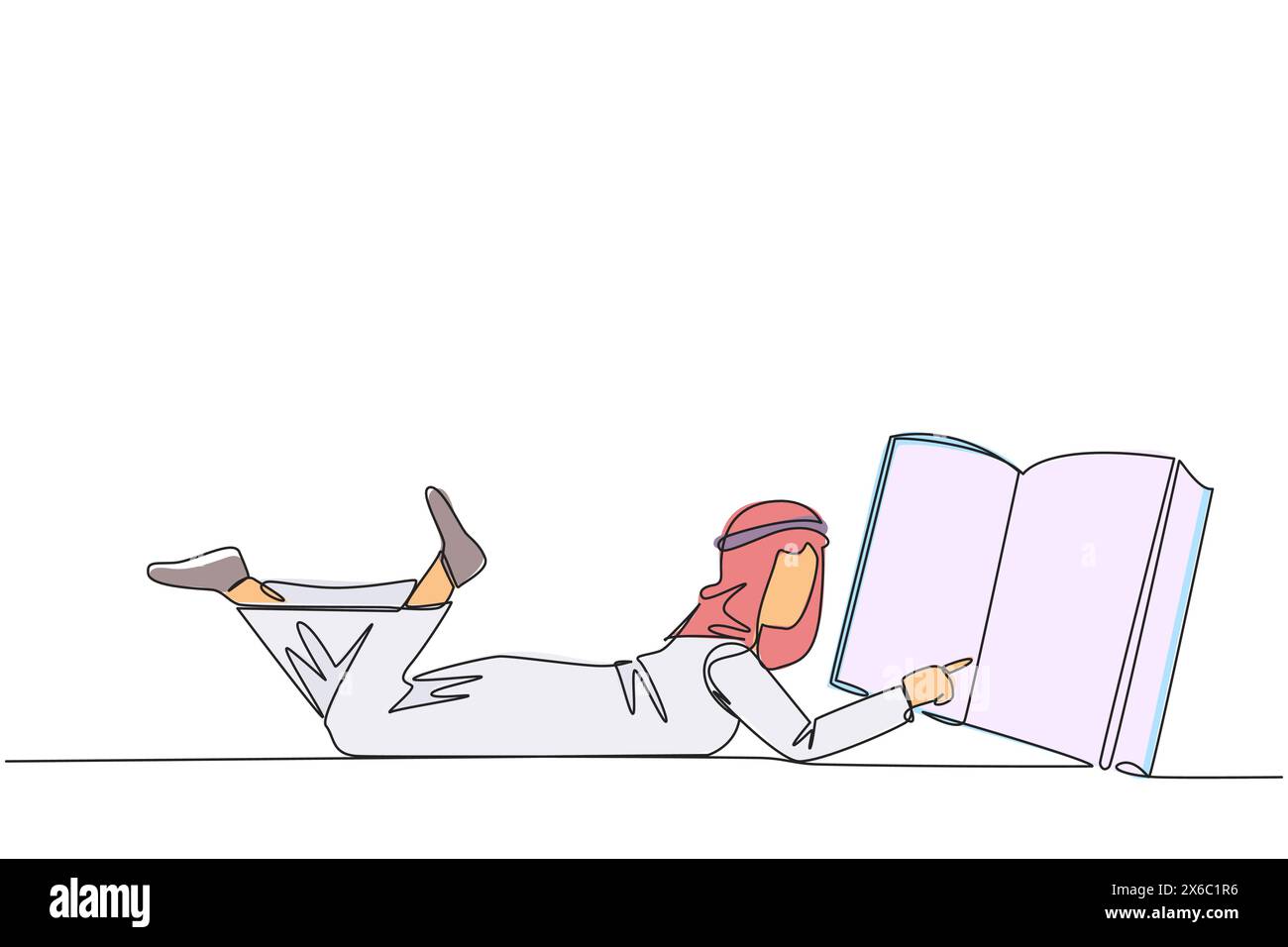 Eine einzige durchgehende Linie, die einen arabischen Mann auf dem Bauch zeichnet und ein großes Buch liest. Lesen Sie Bücher in verschiedenen Stilen. Lesen erhöht die Einsicht. Stock Vektor