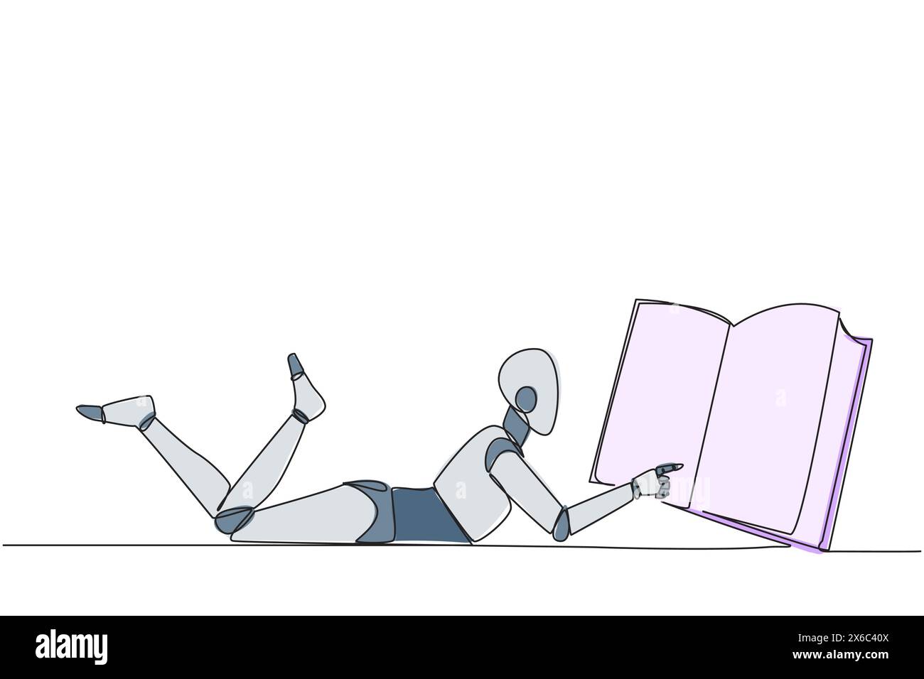 Ein intelligenter Roboter mit durchgehender Linienzeichnung, der auf dem Magen liegt und großes Buch liest. Lesen Sie Bücher in verschiedenen Stilen. Lesen erhöht die Einsicht. L Stock Vektor
