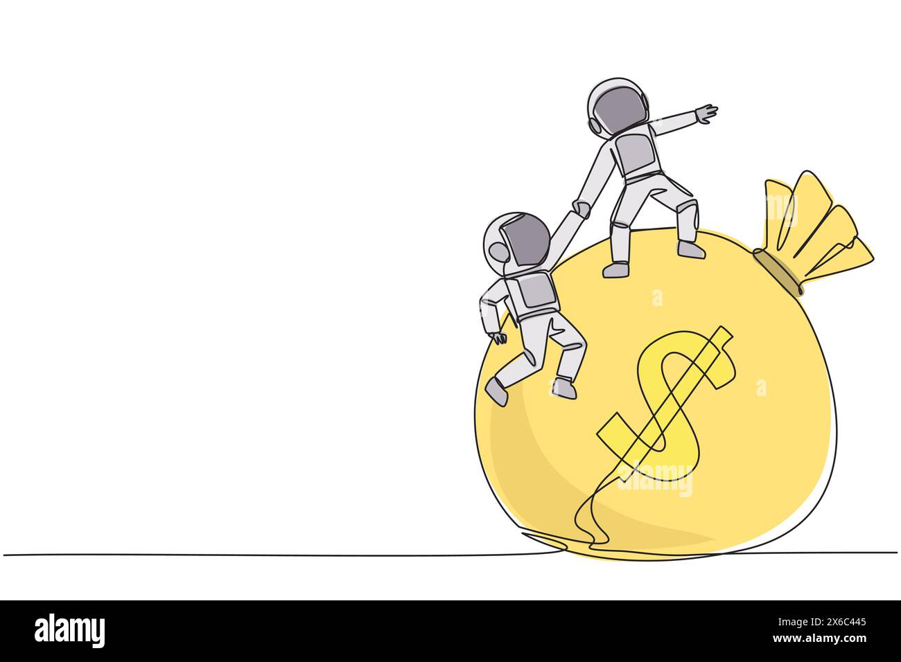 Ein Astronaut mit einer durchgehenden Linienzeichnung hilft Kollegen, große Geldbeutel zu erklimmen. Arbeiten Sie zusammen, um beiderseitigen Nutzen zu erzielen. Gemeinsam stärker. Tolle Teamarbeit Stock Vektor