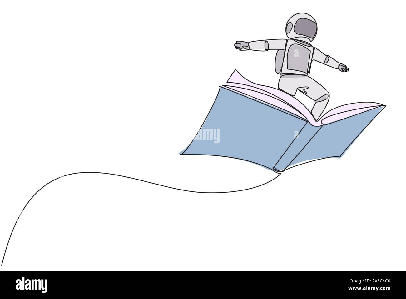 Durchgehende einzeilige Zeichnung Astronaut, der auf einem großen, fliegenden offenen Buch steht. Wie auf einer Wolke, die so hoch wie möglich fliegen kann. Messwert erhöhen insig Stock Vektor