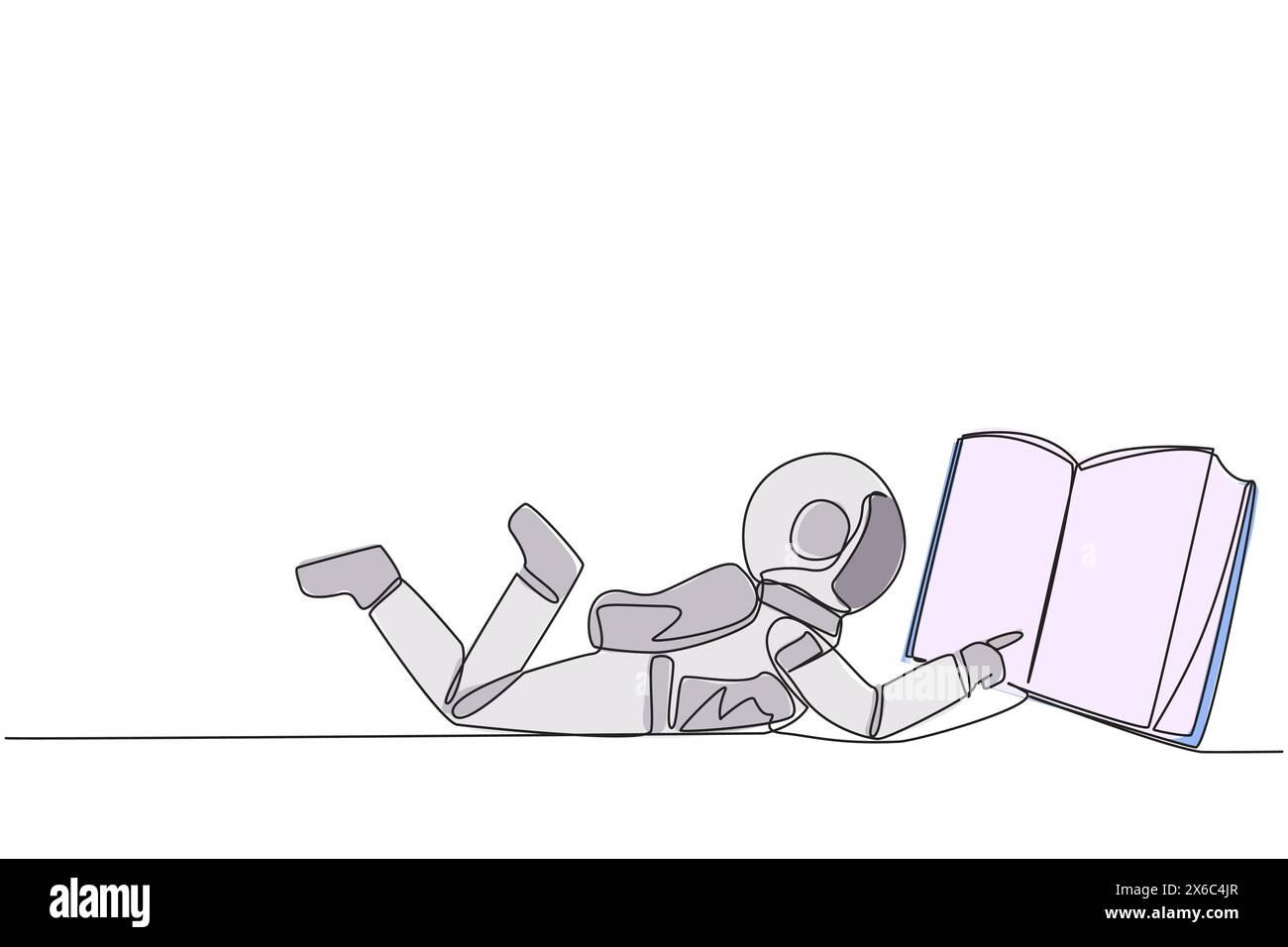 Durchgehend eine Linie zeichnender Astronaut, der auf dem Magen liegt und großes Buch liest. Genießen Sie das Lesen von Büchern in verschiedenen Stilen. Lesen erhöht die Einsicht. Liebe Re Stock Vektor