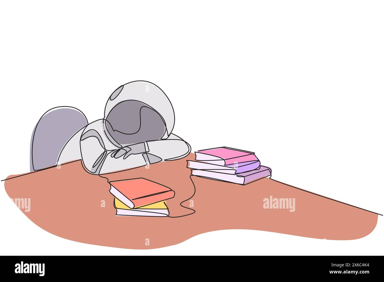 Ein durchgehender Astronaut, der an einem Tisch schlief, wo es Stapel von Büchern gab. Müde, nachdem ich das Lieblingsbuch erfolgreich beendet habe. Liebe Stock Vektor
