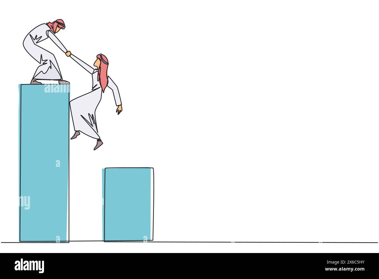 Durchgehende einzeilige Zeichnung arabischer Geschäftsmann hilft Kollegen beim Aufsteigen des Balkendiagramms. Hilft beim Aufstieg auf höhere Böden. Gemeinsam weitermachen und erfolgreich sein. Team Stock Vektor