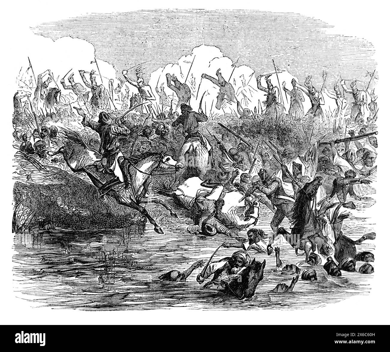 Indische Mutiny 1857. Die Verfolgung der Meuterer durch Colonel Greathed. Schwarzweiß-Illustration Stockfoto