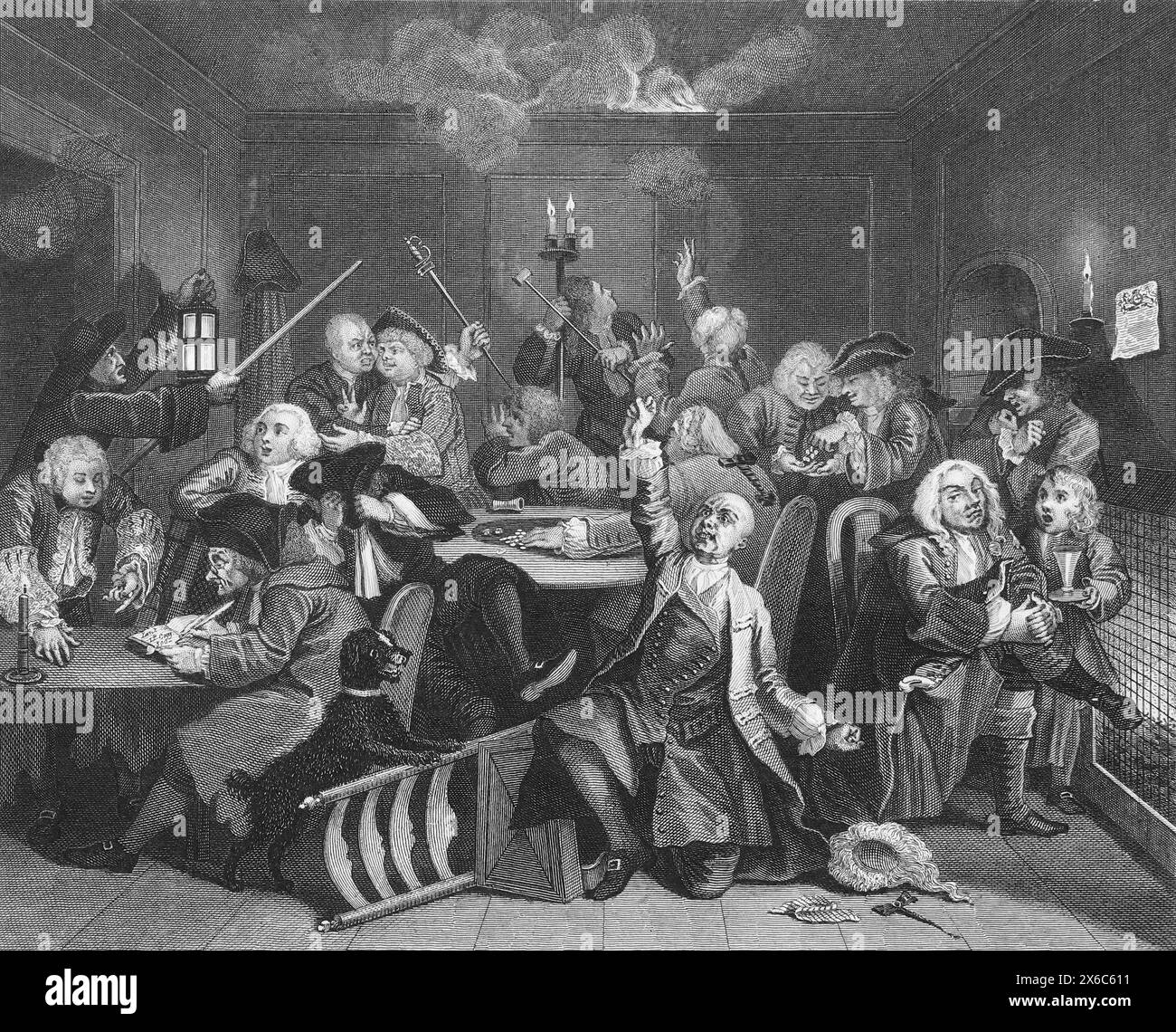 Schwarz-weiß-Illustration: Gaming House Scene. Stich nach William Hogarth (1697–1764) aus seiner Serie „The Rake's Progress“ Stockfoto