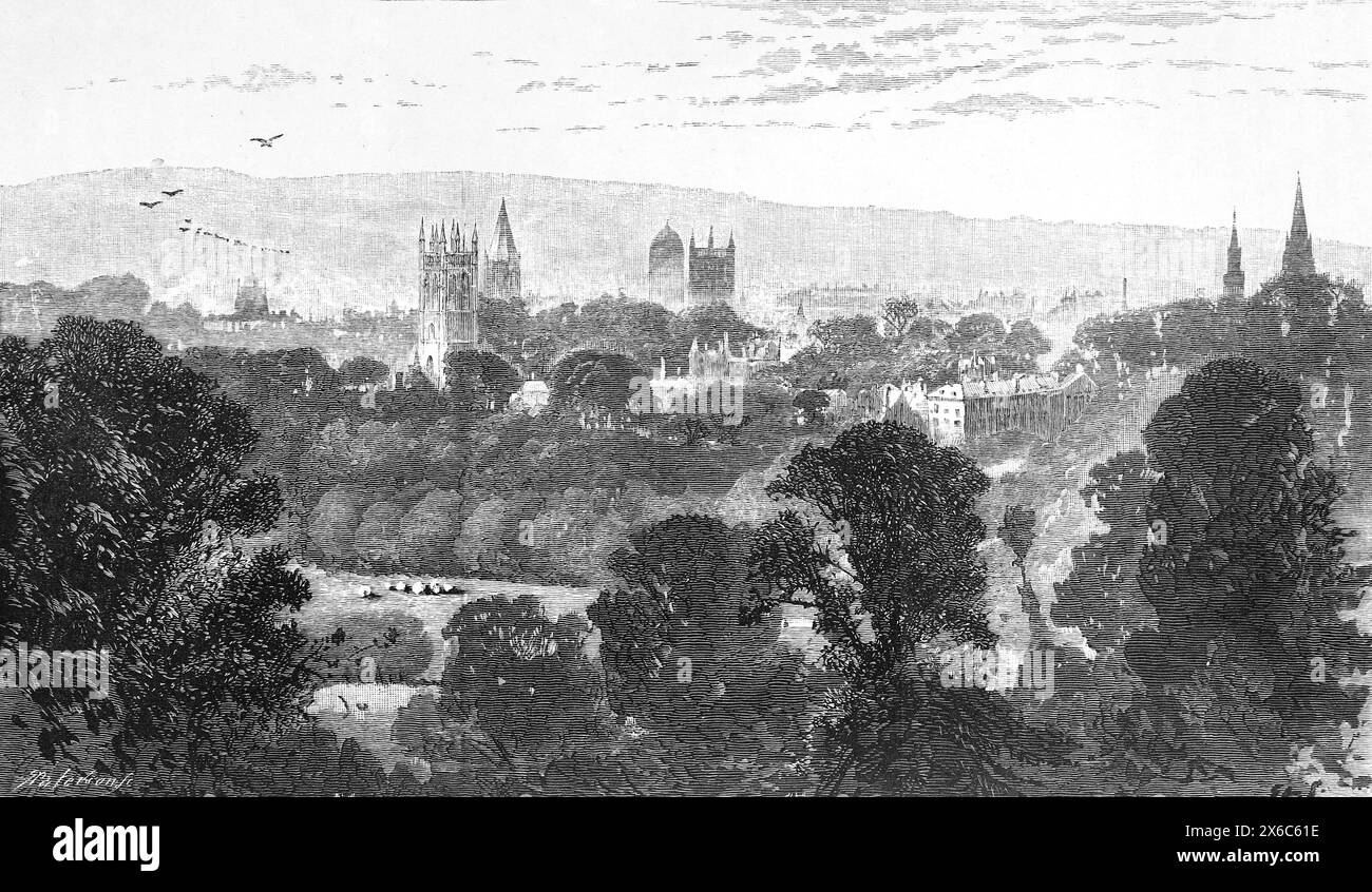 Die Stadt Oxford im 19. Jahrhundert, von Headington Hill aus gesehen. Schwarz-weiß-Illustration aus unserem eigenen Land Band III, veröffentlicht von Cassell, Petter, Galpin & Co. Im späten 19. Jahrhundert. Stockfoto