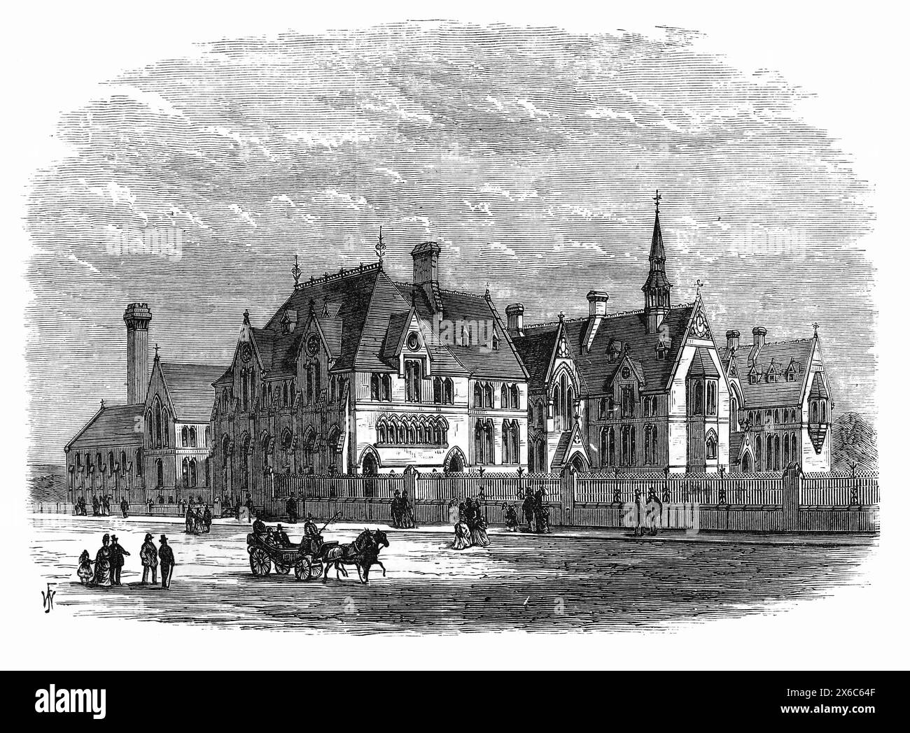 Owens College, Manchester, Ende des 19. Jahrhunderts. Das 1851 gegründete Owens College wurde aus einem Erbe von über 96.000 £ gegründet, das der reiche Industrialist John Owens hinterlassen hat. Schließlich wurde sie zur Manchester University. Schwarz-weiß-Illustration aus unserem eigenen Land Band III, veröffentlicht von Cassell, Petter, Galpin & Co. Im späten 19. Jahrhundert. Stockfoto