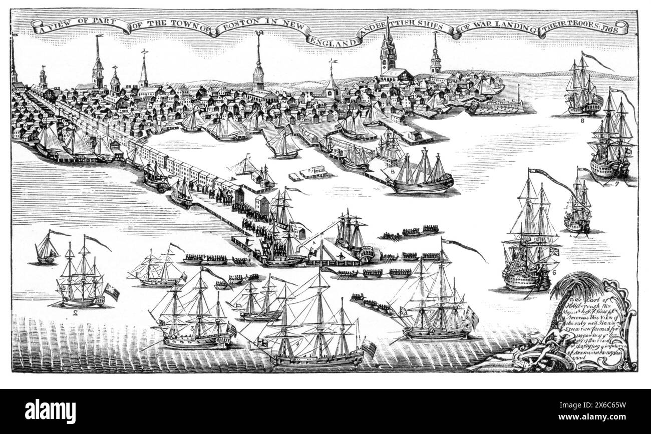 Die Landung der britischen Truppen in Boston, 1768, nachdem Großbritannien die Townshend Acts verhängt hatte, und die Entscheidung des Volkes, den Import von Waren aus Großbritannien einzustellen. Schwarzweiß-Illustration. Stockfoto