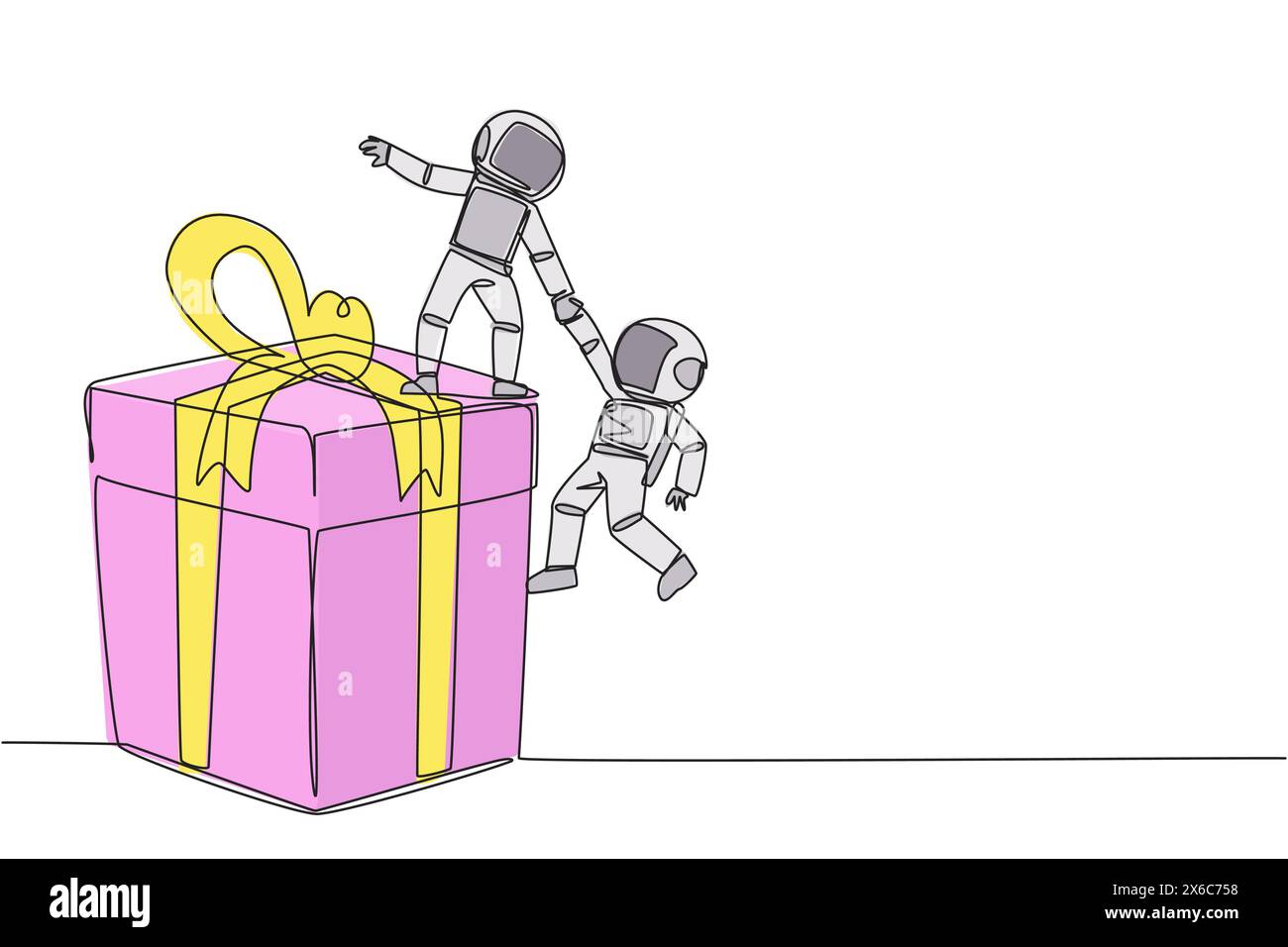 Der junge Astronaut, der nur eine Linie zeichnet, hilft Kollegen, die große Geschenkbox zu erklimmen. Integrierte Teamarbeit, um das höchste Niveau für Prämien zu erreichen. Unterstützung für jeden einzelnen Stock Vektor