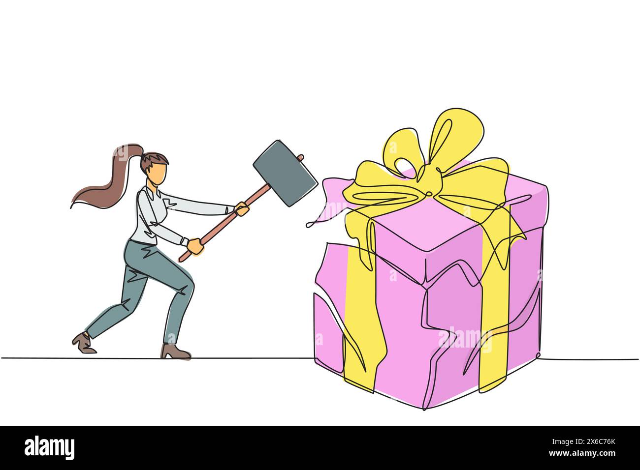 Eine einzelne, einzeilige Geschäftsfrau, die sich darauf vorbereitet, eine große Geschenkbox zu treffen. Geschäftsmann drückt Enttäuschung und Wut aus. Alles zerstören, was in Sicht ist. A Stock Vektor