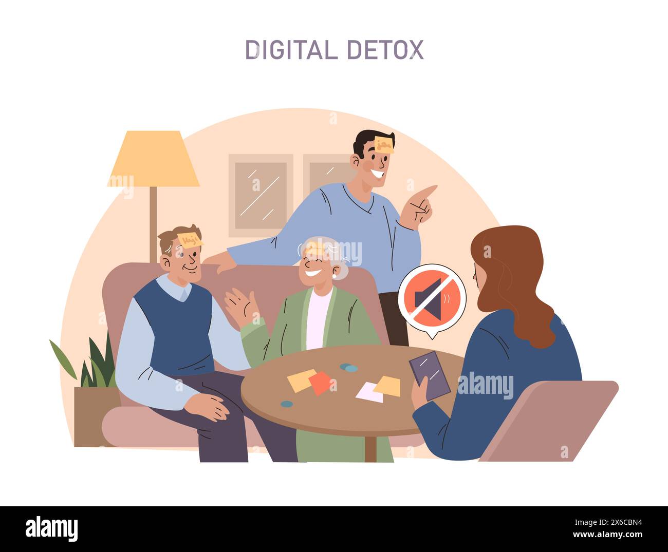 Digitales Detox-Konzept. Familie, die sich an Brettspielen beteiligt und sich in technologiefreier Freizeit engagiert. Intergenerationelles Spiel und Verbindung in Innenräumen. Stock Vektor
