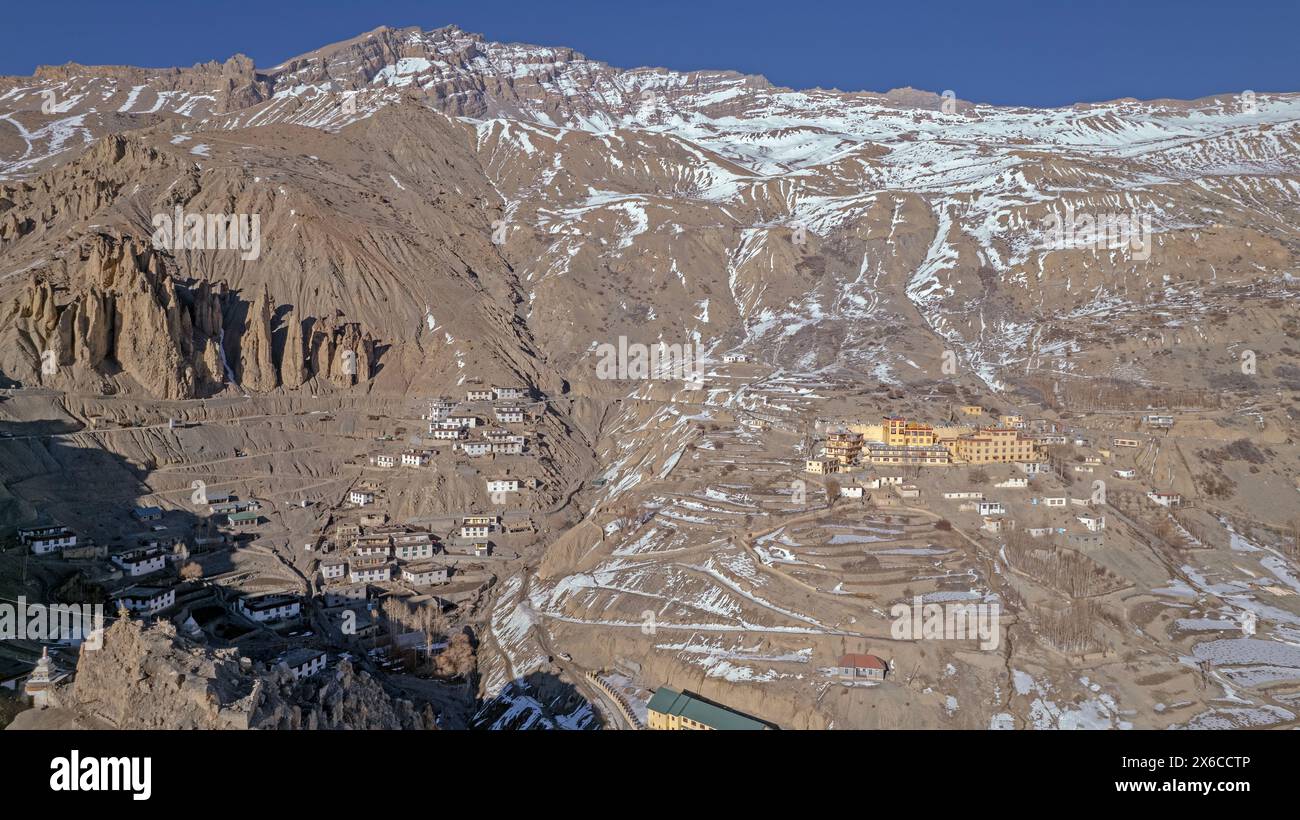 Malerischer Blick auf das Key Gompa Kloster bei Sonnenaufgang. Spiti Valley, Himachal Pradesh, Indien. Stockfoto