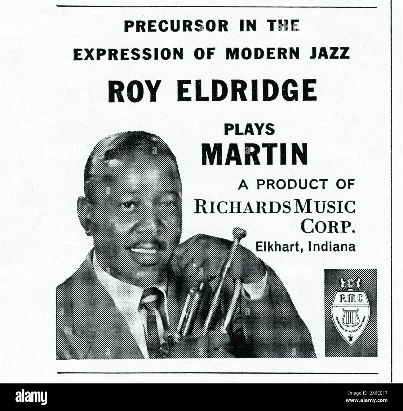 Eine Werbung für Martin Trompeten mit dem Jazzstar Roy 'Little Jazz' Eldridge. Aus einem Musikmagazin der frühen 1960er Jahre. Stockfoto