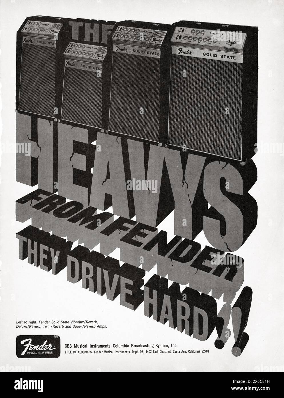 Eine ganzseitige Anzeige aus einem Musikmagazin der späten 1960er Jahre für Fender Musikinstrumentenverstärker mit den 4 neuesten Modellen. Stockfoto
