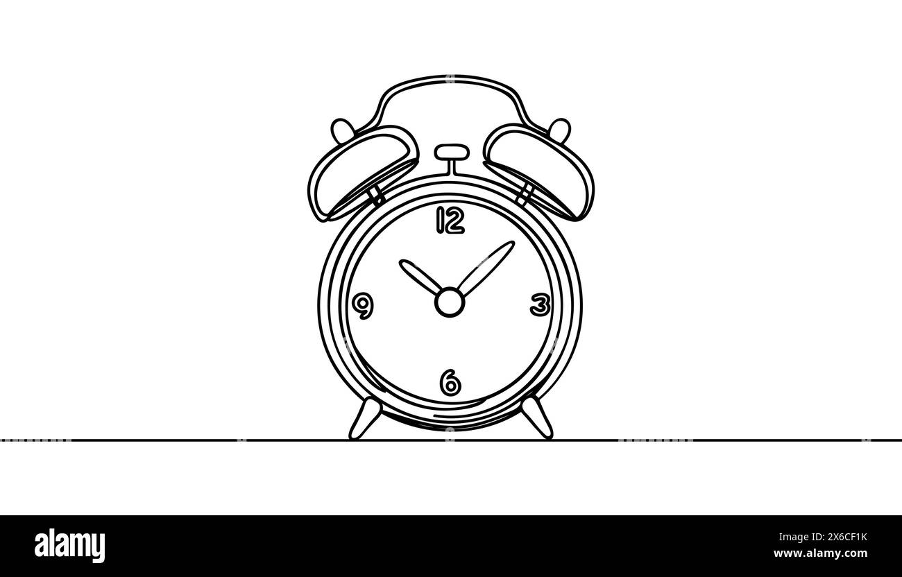 Durchgehende Linienzeichnung des Weckers. Wecksymbol im einzeiligen Doodle-Stil. Wecker auf weißem Hintergrund. Stock Vektor