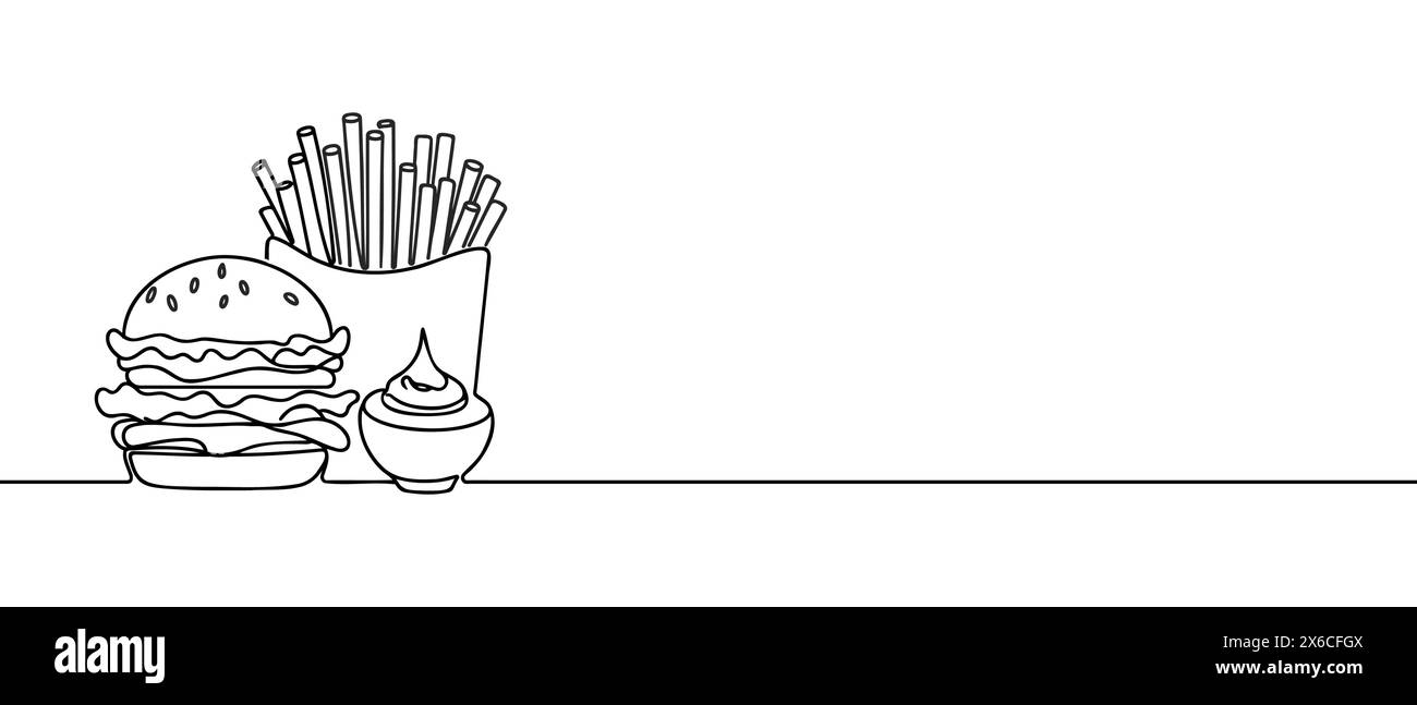 Burger und Pommes Frites Essen zum Mitnehmen in durchgehender Linienkunst. Fastfood isoliert auf weißem Hintergrund Stock Vektor