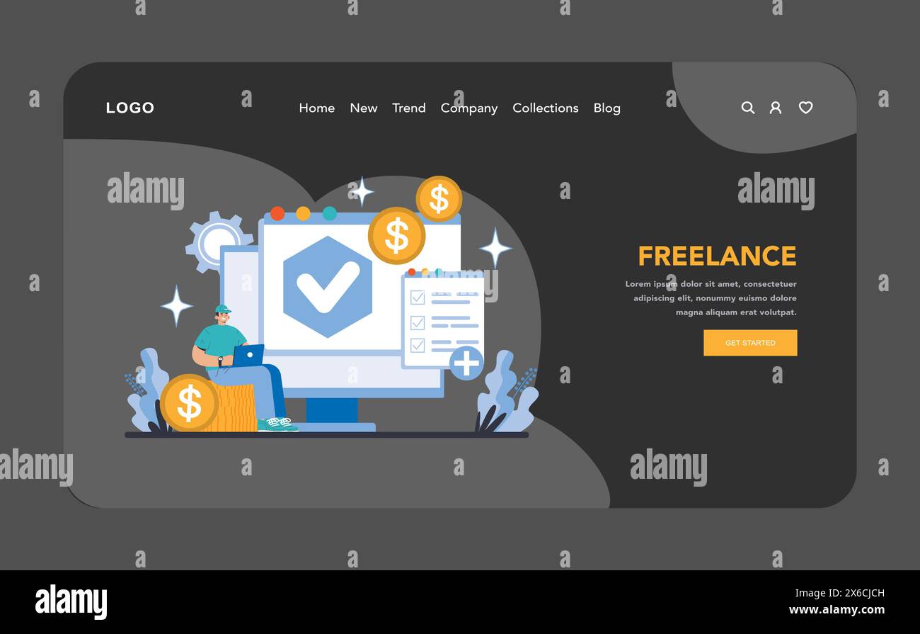Freiberufliche Arbeit im Nacht- oder Dunkelmodus, Web- oder Landing-Page-Modus. Mit Geschick und Unabhängigkeit durch die Gig Economy navigieren. Digitale Nomaden schaffen Erfolg durch Online-Projektmanagement. Vektorabbildung. Stock Vektor