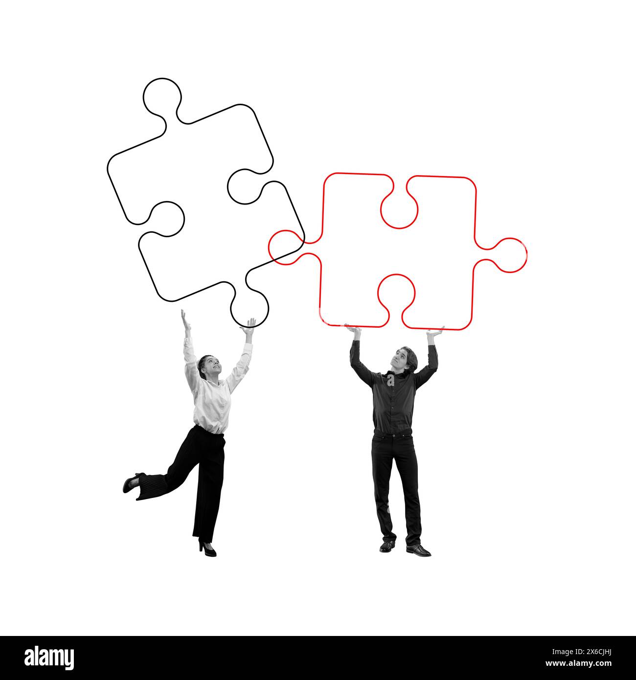 Strategische Partnerschaft. Mitarbeiter verbinden Rätsel. Fähigkeit, zusammenzuarbeiten, Herausforderungen zu meistern und Lösungen zu finden. Zeitgenössische Kunstcollage. Stockfoto