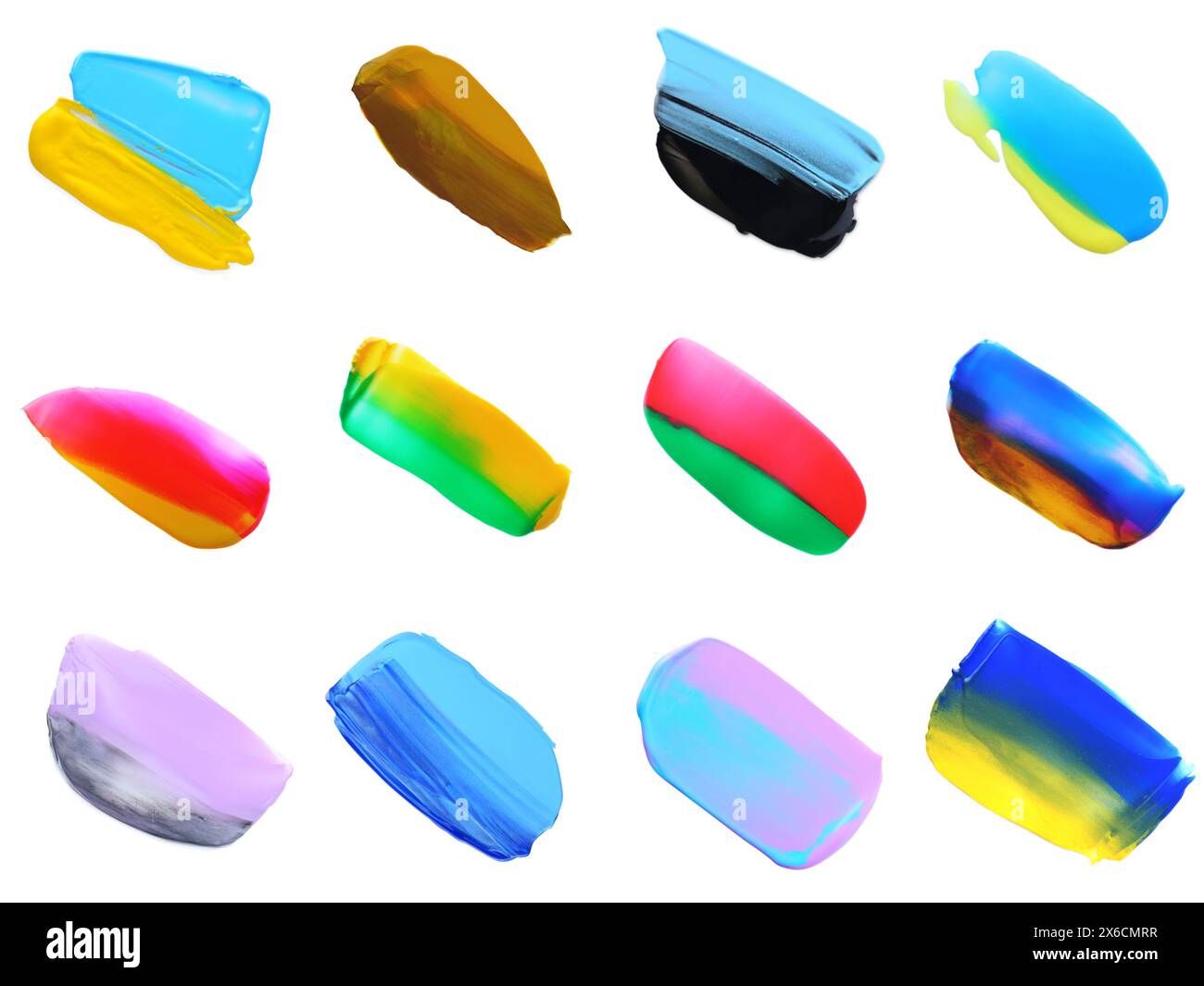 Set mit Farbmustern verschiedener Farben, isoliert auf weiß, Draufsicht Stockfoto